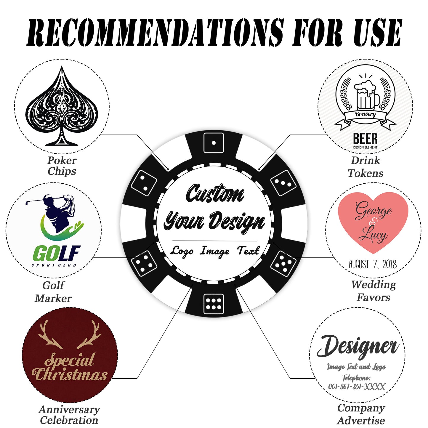 Jetons de poker en PLASTIQUE personnalisés, imprimés avec un logo, une image ou un texte personnalisé