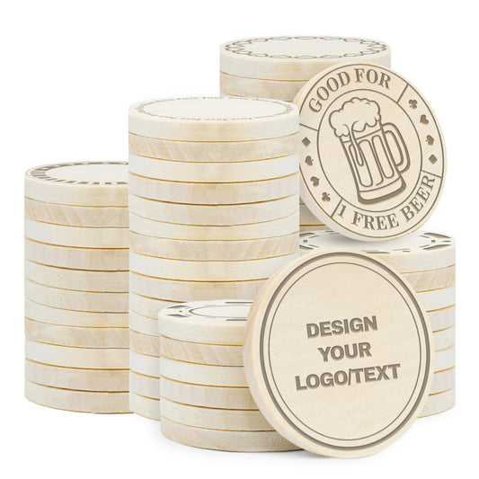 Custom Wood Drink Tokens, Laser Engraved Your Logo and Text