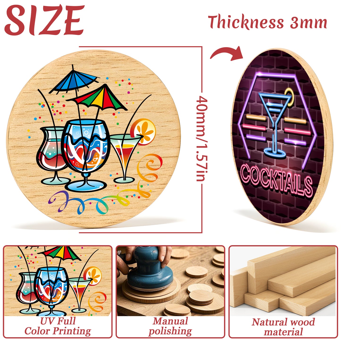 Custom Wood Drink Tokens, UV Printing with Your Logo Text