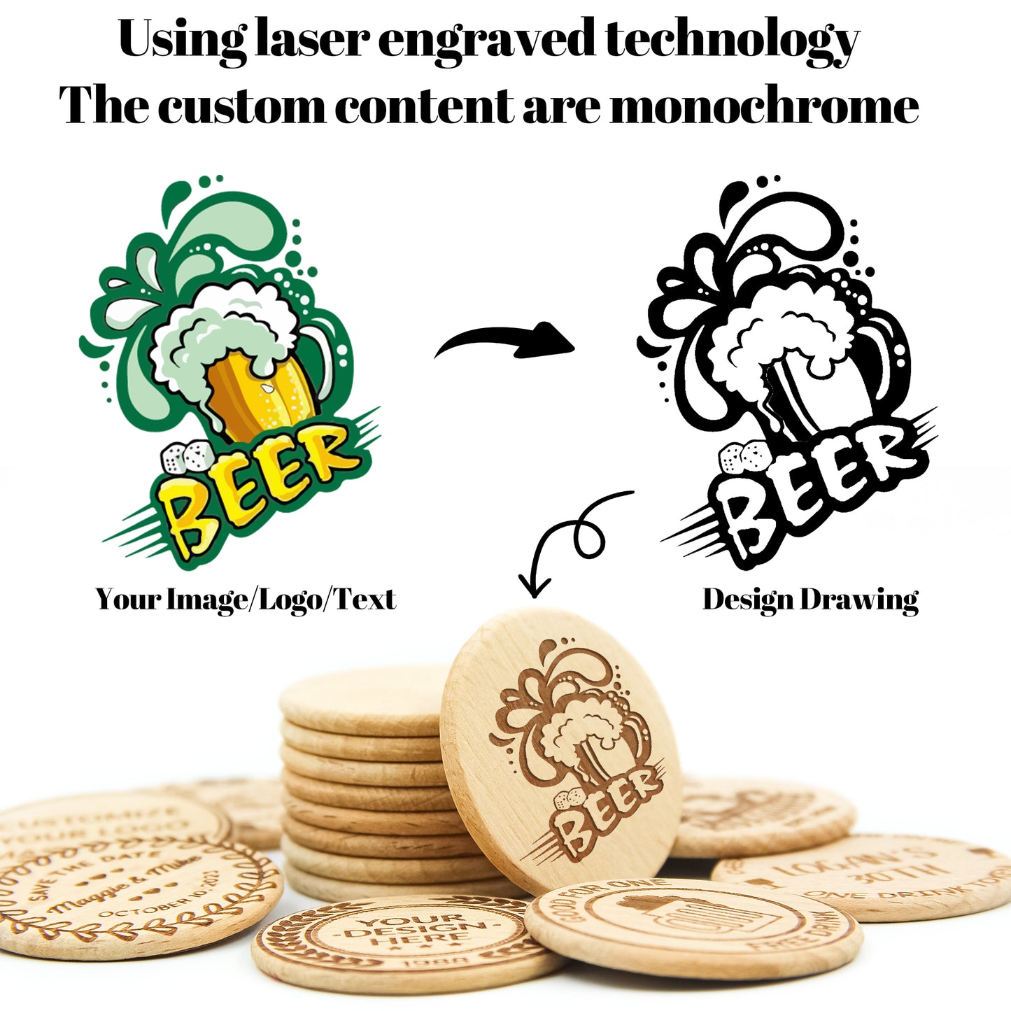 Jetons de boisson en bois personnalisés, gravés au laser avec votre logo et votre texte