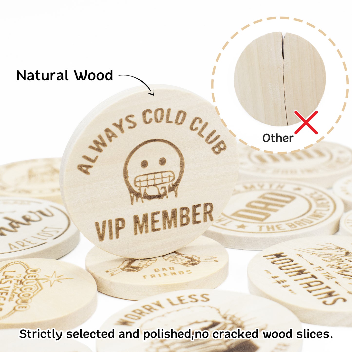 Custom Wood Drink Tokens, Laser Engraved Your Logo and Text